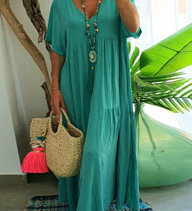 Tiered Boho V-Neck Loose Maxi Dress