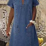 V-Neck Casual Pocket Denim Mini Dress