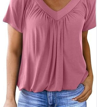 Ruched V-Neck Casual Loose-Fit Blouse
