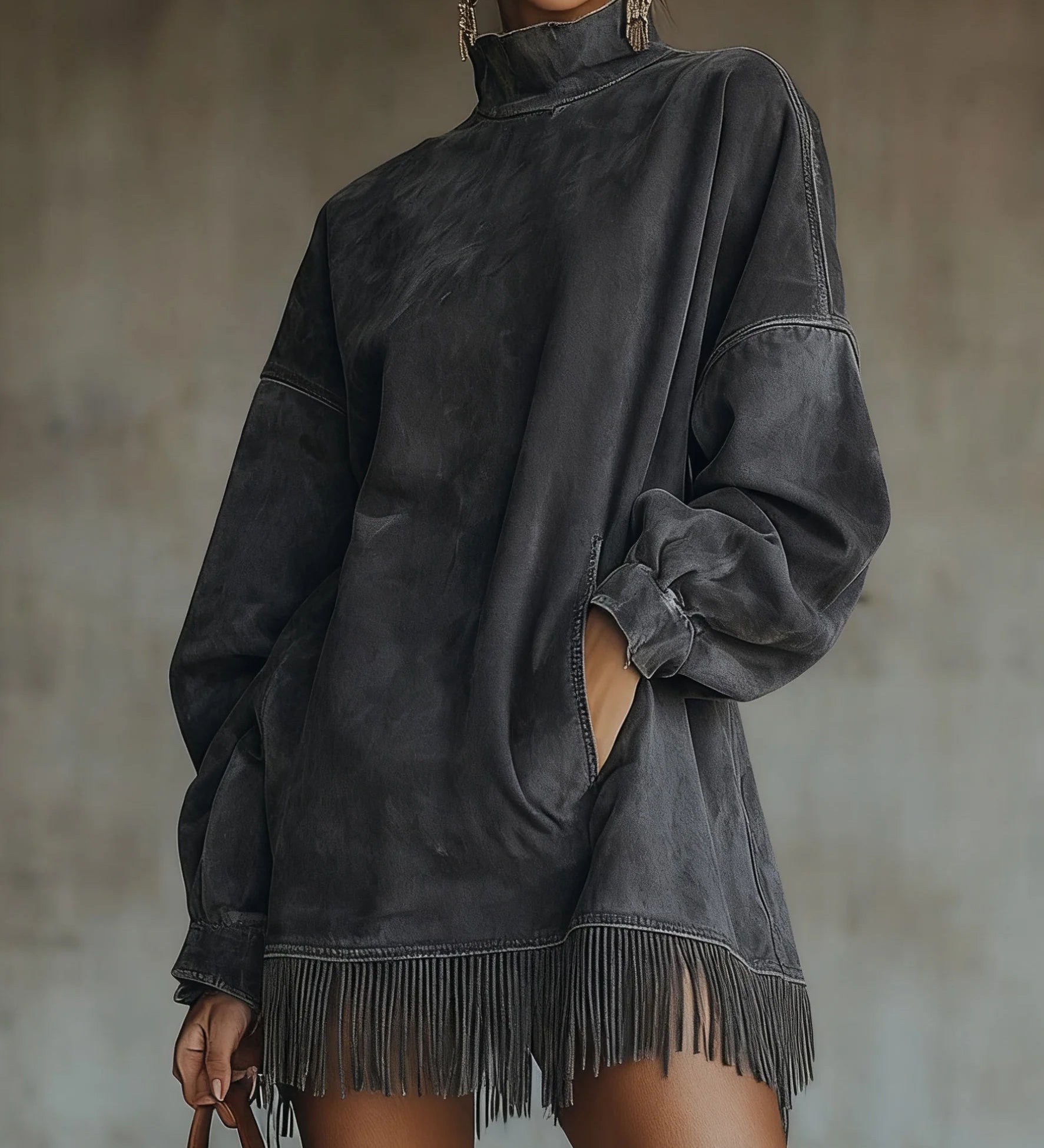 Francine™ | Washed Fringe-Hem Mock-Neck Sweatshirt Dress
