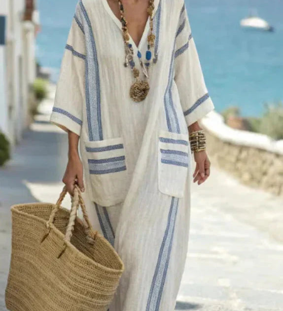 Striped Pocket Linen Resort Dress