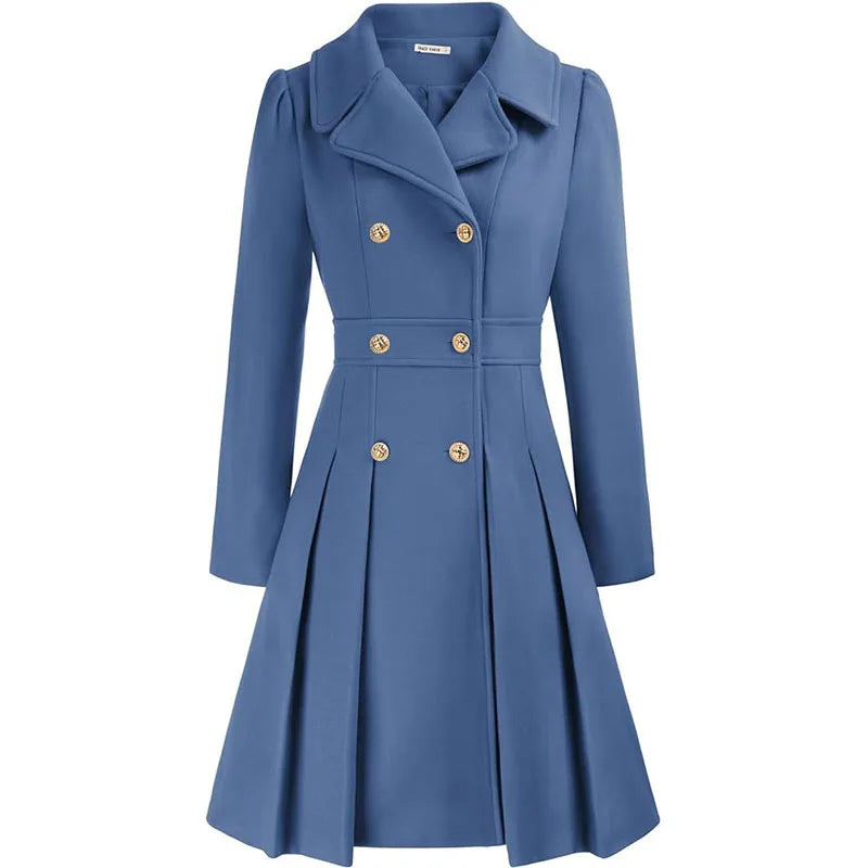 Alethea™ | Pleated Double-Breasted Fit-and-Flare Coat