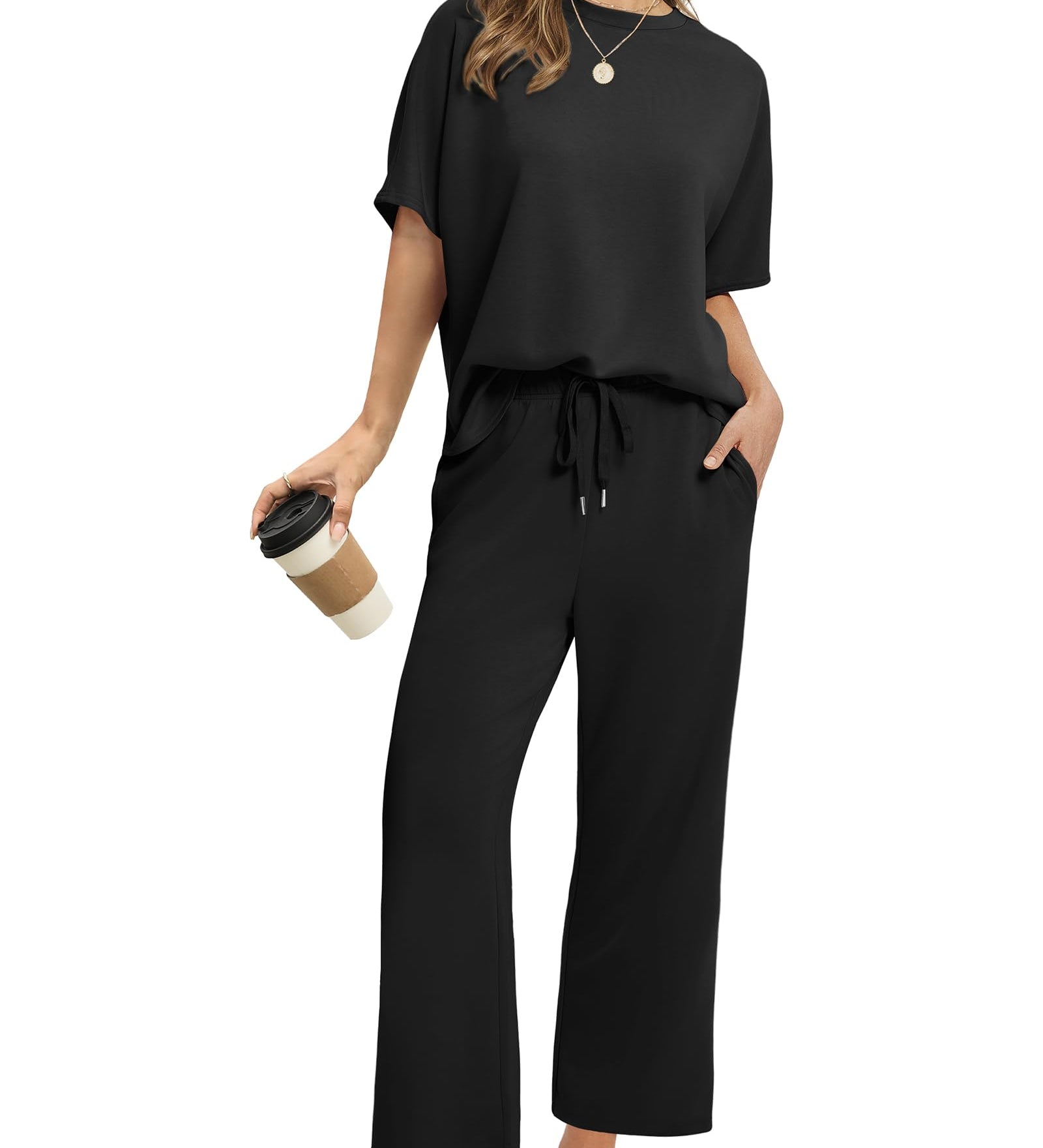 Drawstring Casual Loungewear Wide-Leg 2-Piece Set