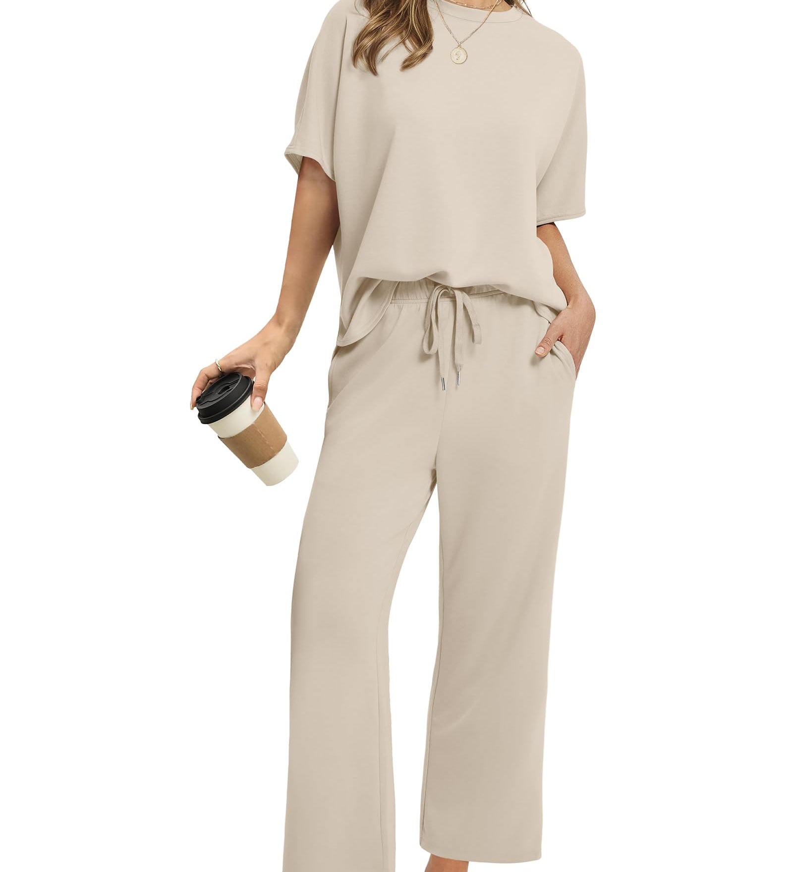 Drawstring Casual Loungewear Wide-Leg 2-Piece Set