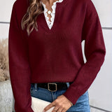 Yasmine™ | Lace-Trim Split-Neck Pullover Sweater