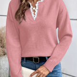 Yasmine™ | Lace-Trim Split-Neck Pullover Sweater