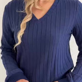 Anouk™ | Ribbed Knit Long-Sleeve V-Neck Pullover Sweater