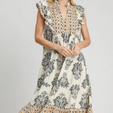 Artistic Floral Print Ruffle Sleeve Maxi Dress