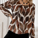 Artistic Leaf Print Pleated Long-Sleeve Blouse