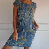 Breathable Tropical Print Side-Pocket Shift Dress