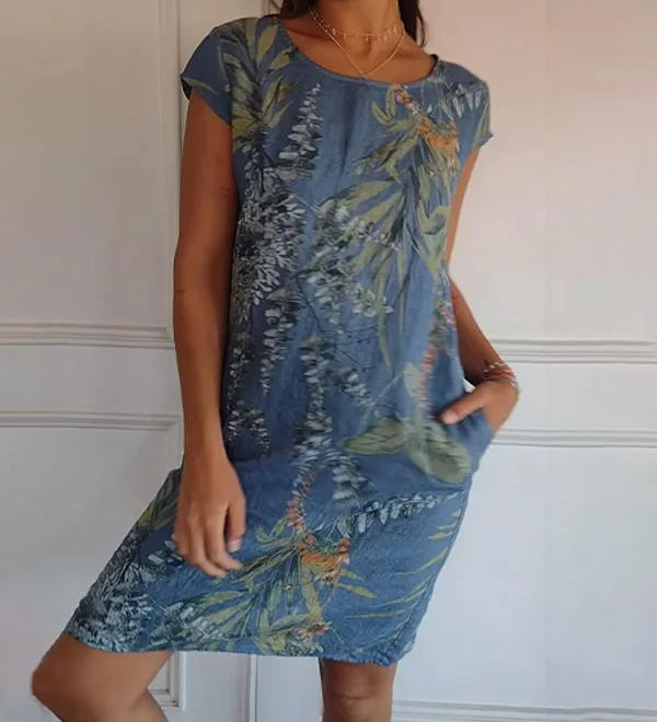 Breathable Tropical Print Side-Pocket Shift Dress