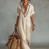 Embroidered Boho Linen Shirt Maxi Dress