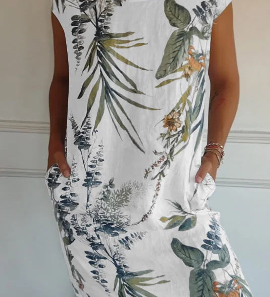 Breathable Tropical Print Side-Pocket Shift Dress