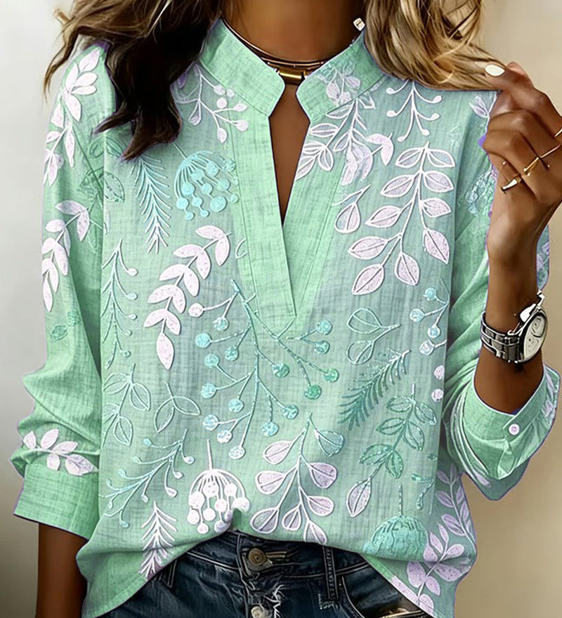 Blouse with Floral Print and Stand-Up Collar