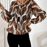 Artistic Leaf Print Pleated Long-Sleeve Blouse