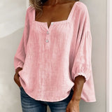 Solid Button-Neck Relaxed Blouse