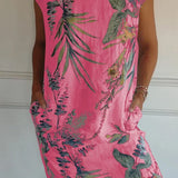 Breathable Tropical Print Side-Pocket Shift Dress