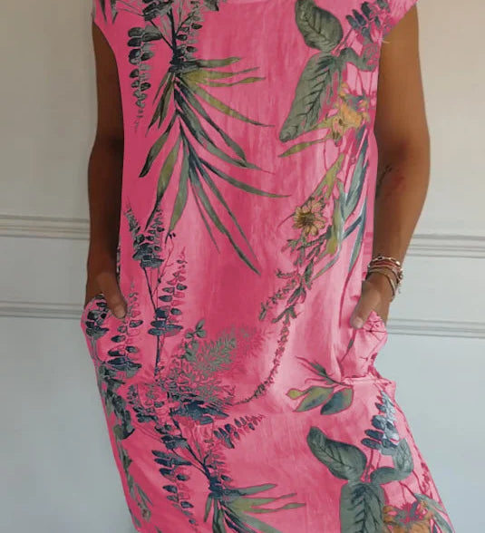 Breathable Tropical Print Side-Pocket Shift Dress