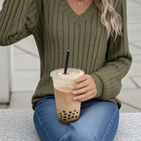 Anouk™ | Ribbed Knit Long-Sleeve V-Neck Pullover Sweater