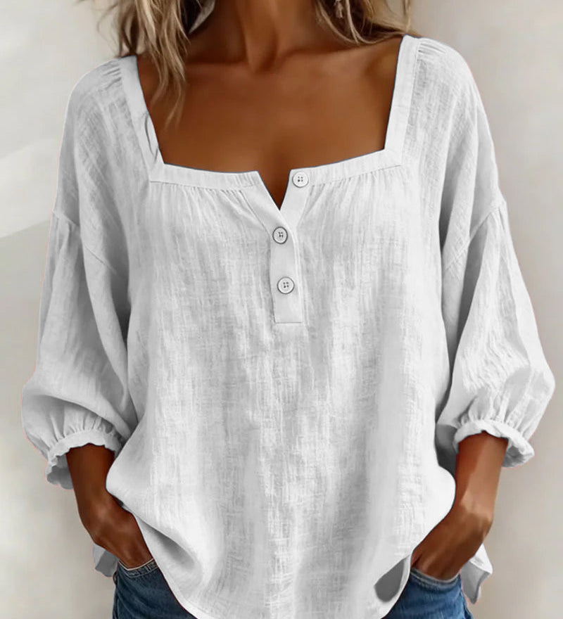 Solid Button-Neck Relaxed Blouse