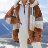 Oversized Color Block Fuzzy Hooded Jacket