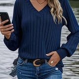 Anouk™ | Ribbed Knit Long-Sleeve V-Neck Pullover Sweater