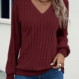 Anouk™ | Ribbed Knit Long-Sleeve V-Neck Pullover Sweater