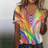 Rainbow Swirl Print V-Neck Casual Tee
