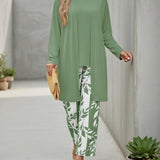Leaf Print Three-Piece Cardigan Set