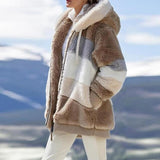 Oversized Color Block Fuzzy Hooded Jacket