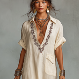 Embroidered Boho Linen Shirt Maxi Dress