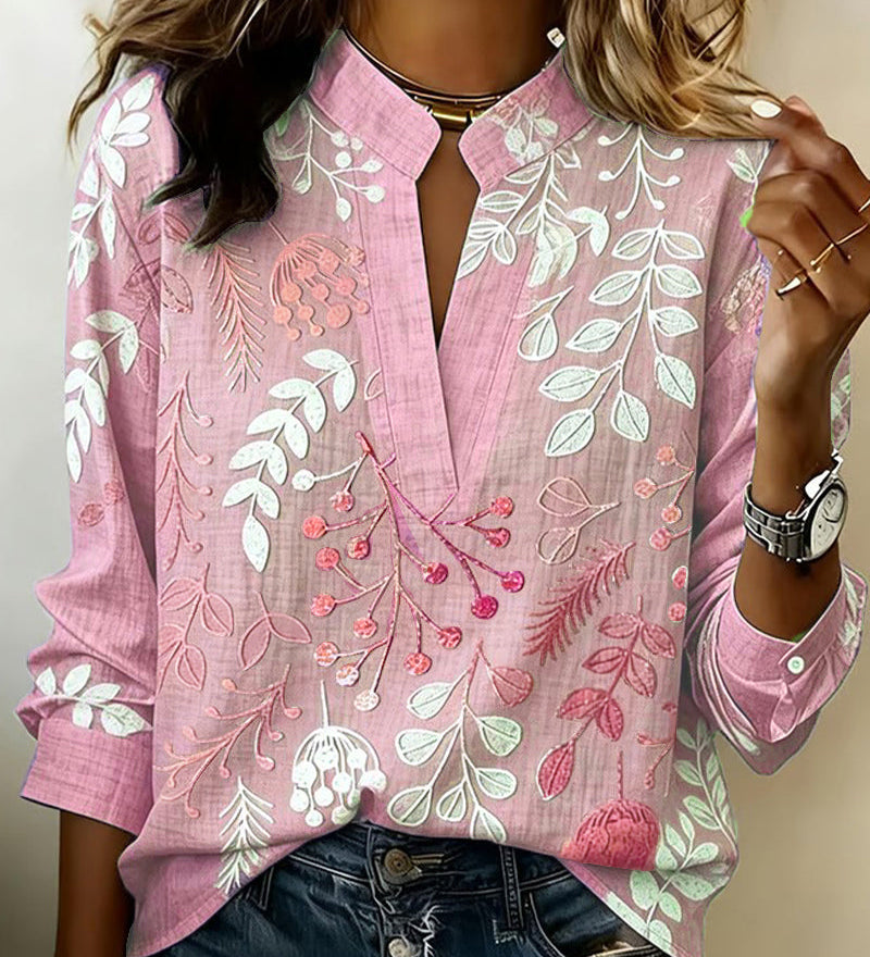 Blouse with Floral Print and Stand-Up Collar