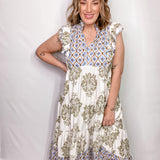Artistic Floral Print Ruffle Sleeve Maxi Dress