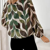Artistic Leaf Print Pleated Long-Sleeve Blouse