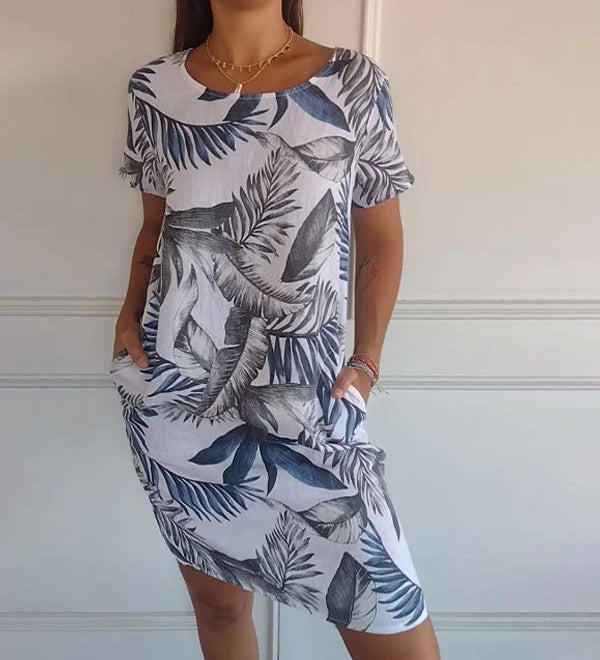 Breathable Tropical Print Side-Pocket Shift Dress