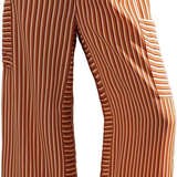 Button-Detail Striped Summer Casual Straight Pants