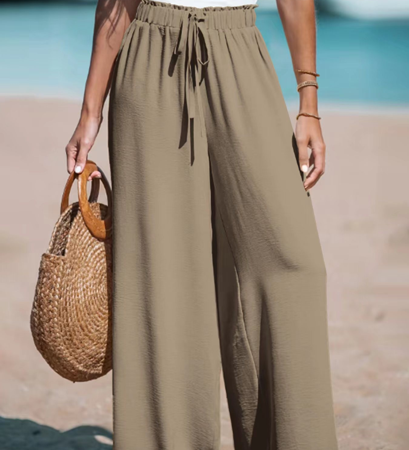 Casual High-Waist Drawstring Wide-Leg Beach Pants