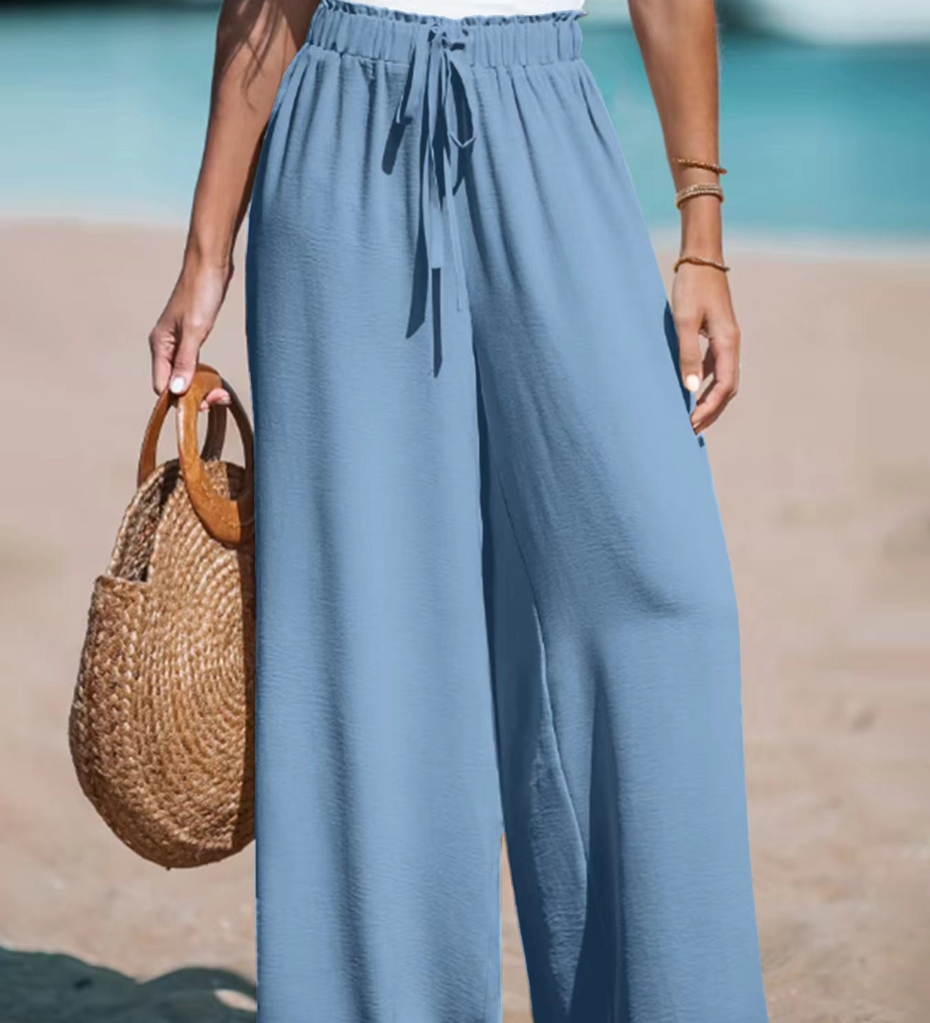 Casual High-Waist Drawstring Wide-Leg Beach Pants