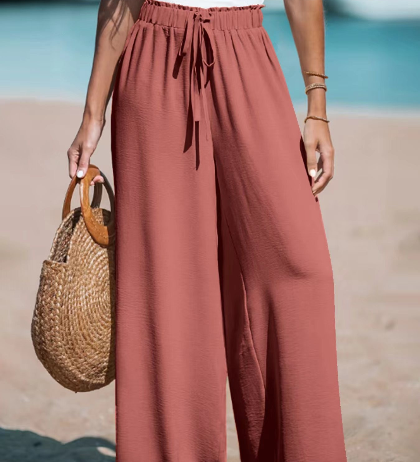 Casual High-Waist Drawstring Wide-Leg Beach Pants