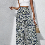 Tropical Leaf Print Wide Leg Pants