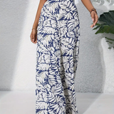 Tropical Leaf Print Wide Leg Pants