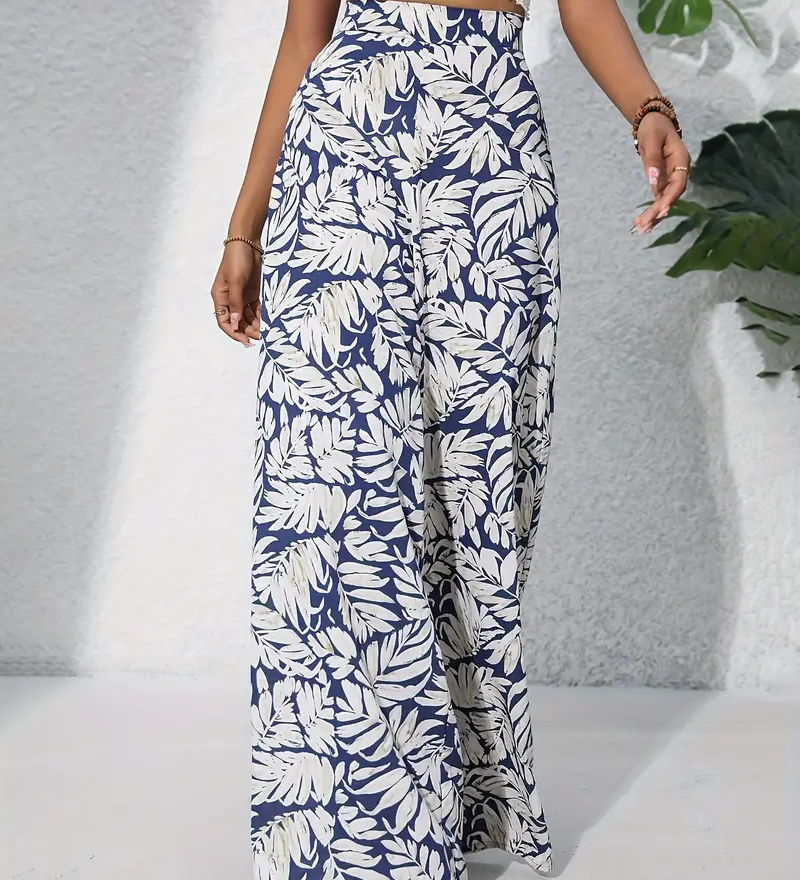 Tropical Leaf Print Wide Leg Pants