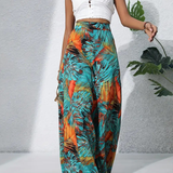 Tropical Leaf Print Wide Leg Pants