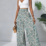 Tropical Leaf Print Wide Leg Pants