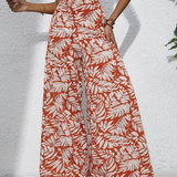 Tropical Leaf Print Wide Leg Pants