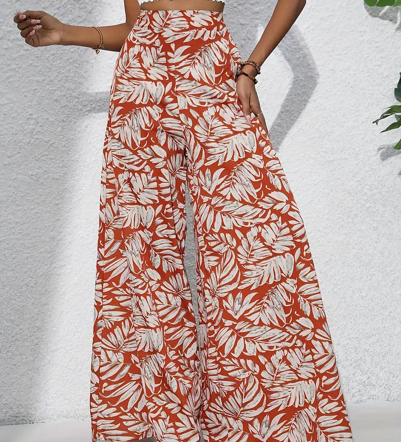 Tropical Leaf Print Wide Leg Pants