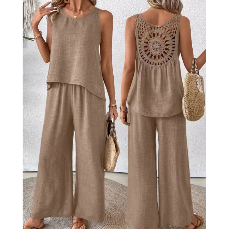Elegant Crochet Back Wide Leg Set