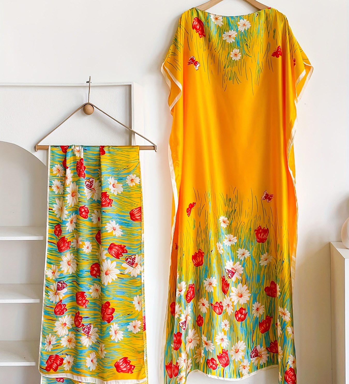 Elegant Floral Print Silk Kaftan Dress