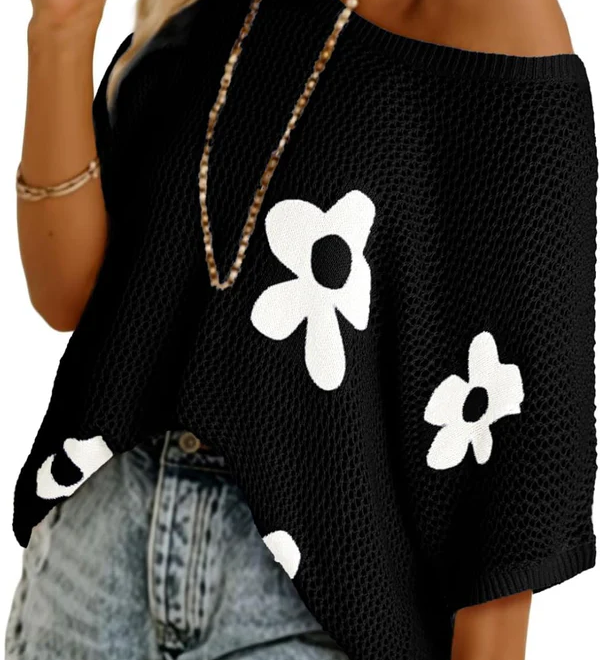 Artistic Floral Mesh Knit Batwing Shirt