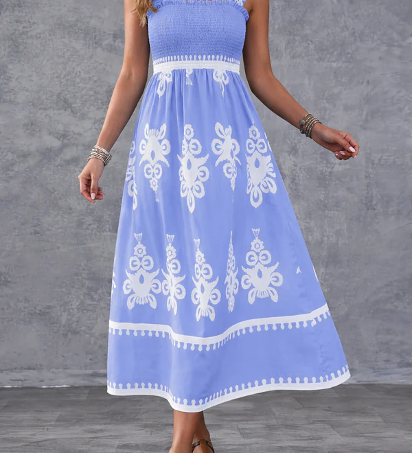 Artistic Geometric Print Smocked Maxi Dress